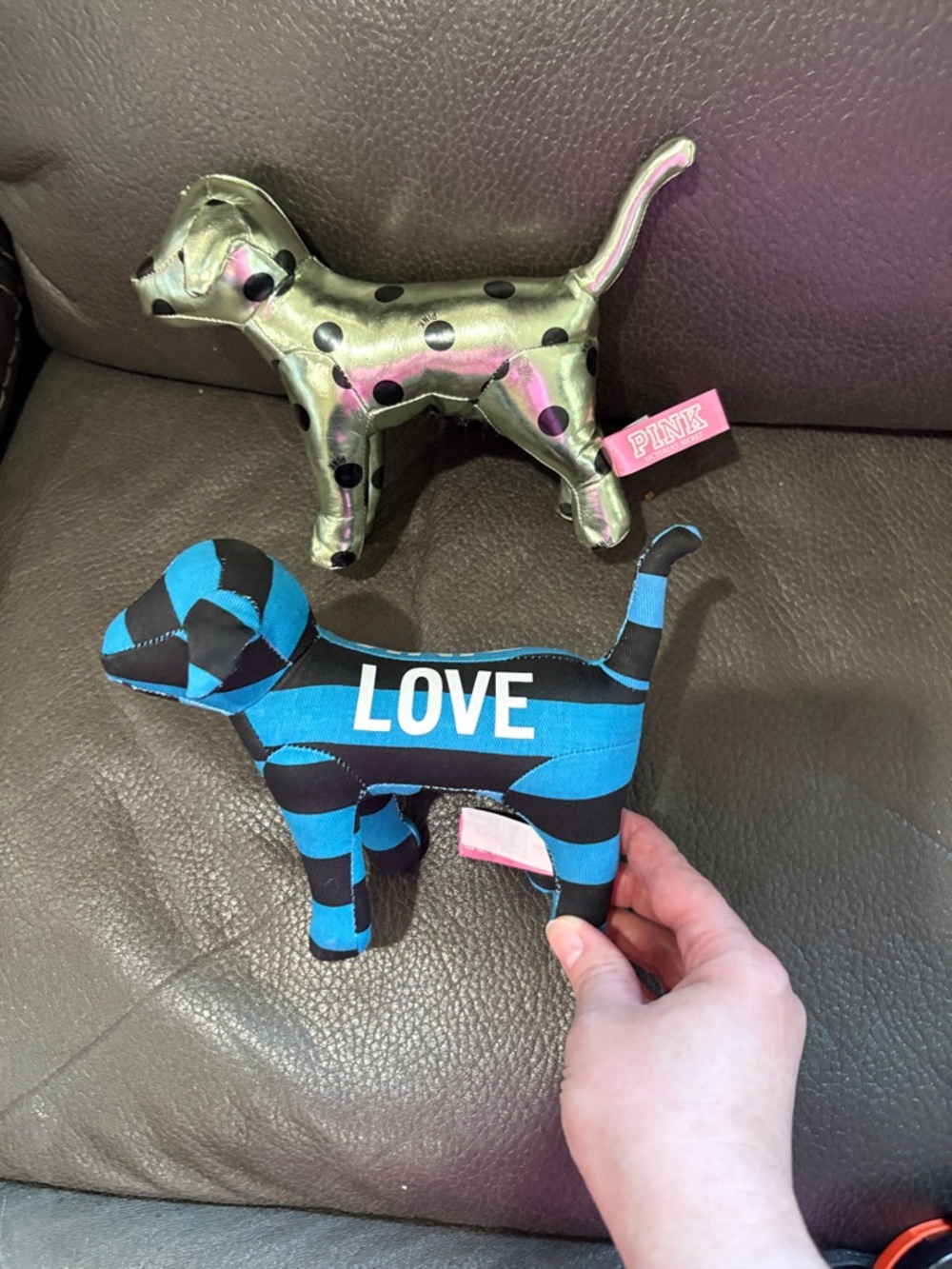 Victoria secret pink set of two stuffed dogs in gold metallic and blue stripe